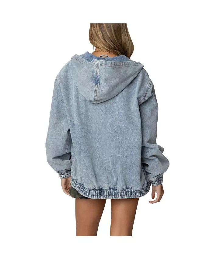 Womens Hooded Vintage Washed Denim Bomber Jacket - thumbnail 2