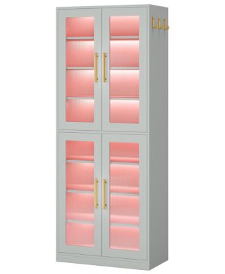 Bookcase with Doors and LED Light, 67-inch Tall  Bookshelf with 8-Tier Adjustable Shelves and Hanging Hooks, Freestanding Storage Cabinet