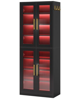 Bookcase with Doors and LED Light, 67-inch Tall  Bookshelf with 8-Tier Adjustable Shelves and Hanging Hooks, Freestanding Storage Cabinet