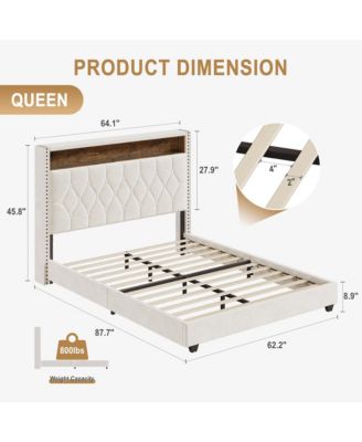 Queen Velvet Upholstered Bed Frame with Storage Headboard and Built-in Charging Station, Smart LED Lights