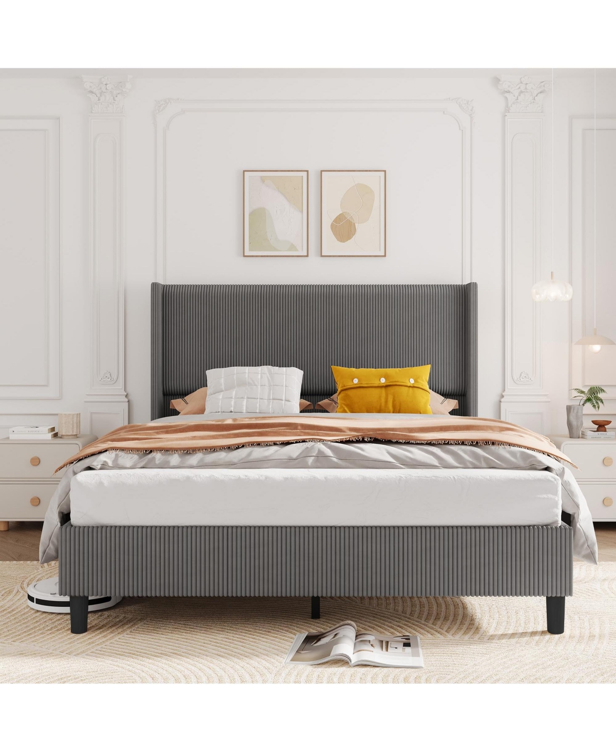 gaomon Size Bed Frame, Upholstered Platform Corduroy Bed Frame with Vertical Channel Tufted Wingback Headboard