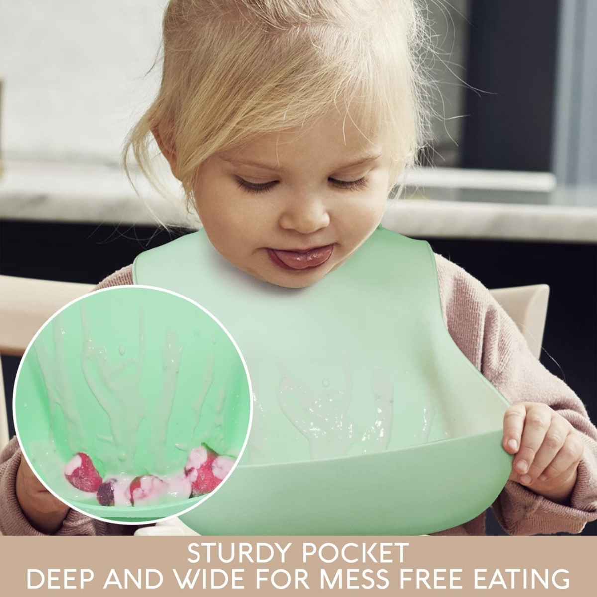 Sperric Silicone Baby Bibs - Soft Silicone Bib with Food Catcher and Waterproof Material - Adjustable Fit for Baby and Toddler -Pastel Grey