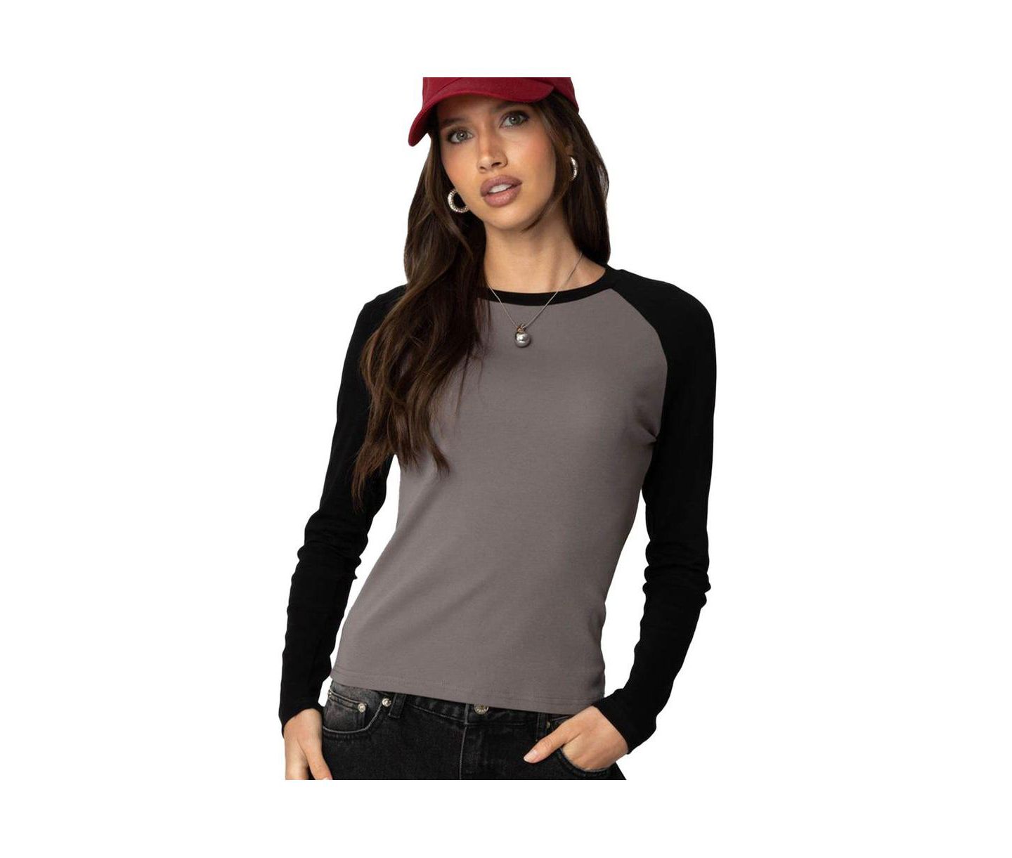 Женская футболка Edikted Tommi Raglan Long Sleeve T, цвет: Серый чёрный — фото 1