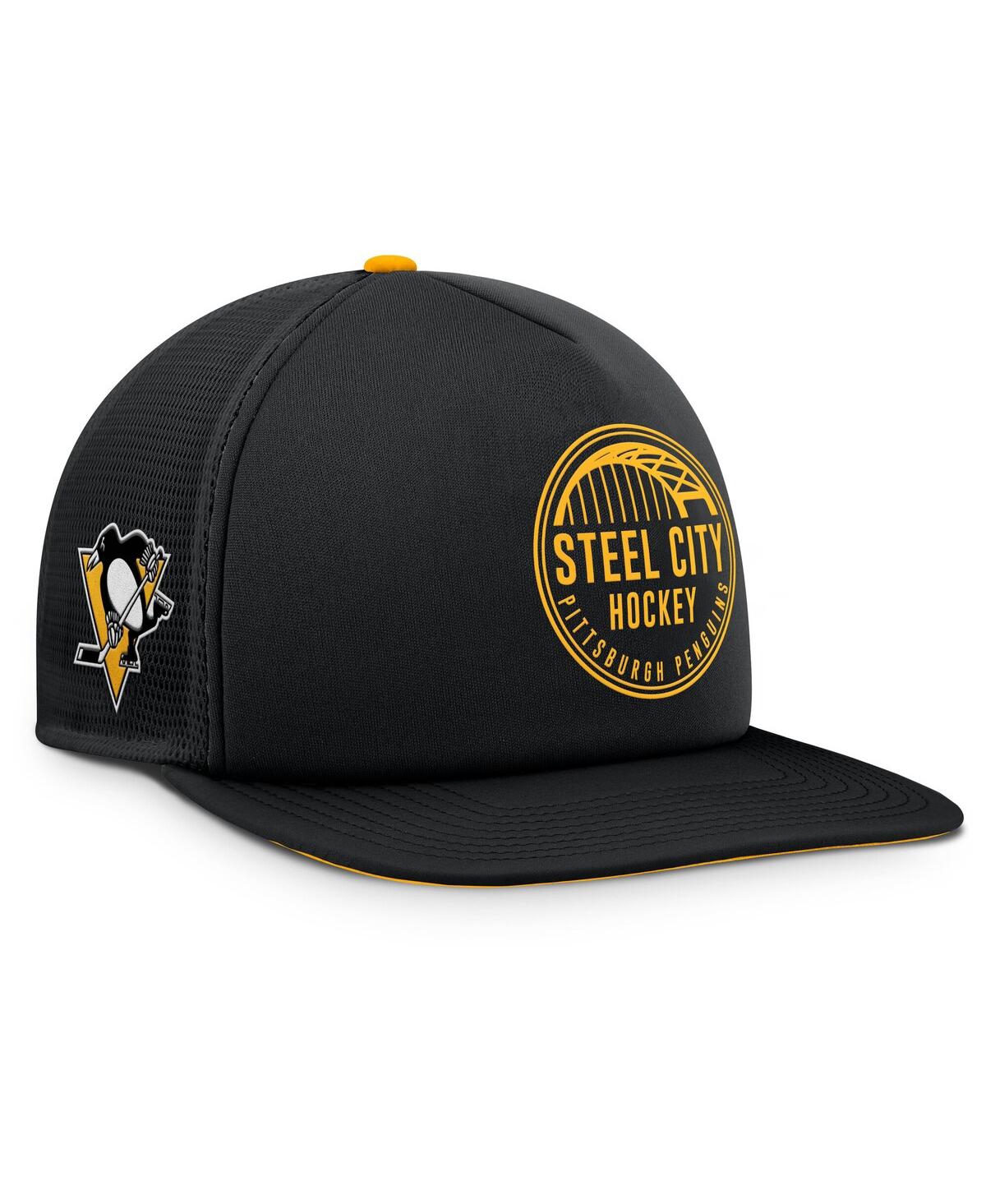 Fanatics Men'sGold Pittsburgh Penguins Authentic Pro Hometown Rink Foam Trucker Snapback Hat - Black, Gold