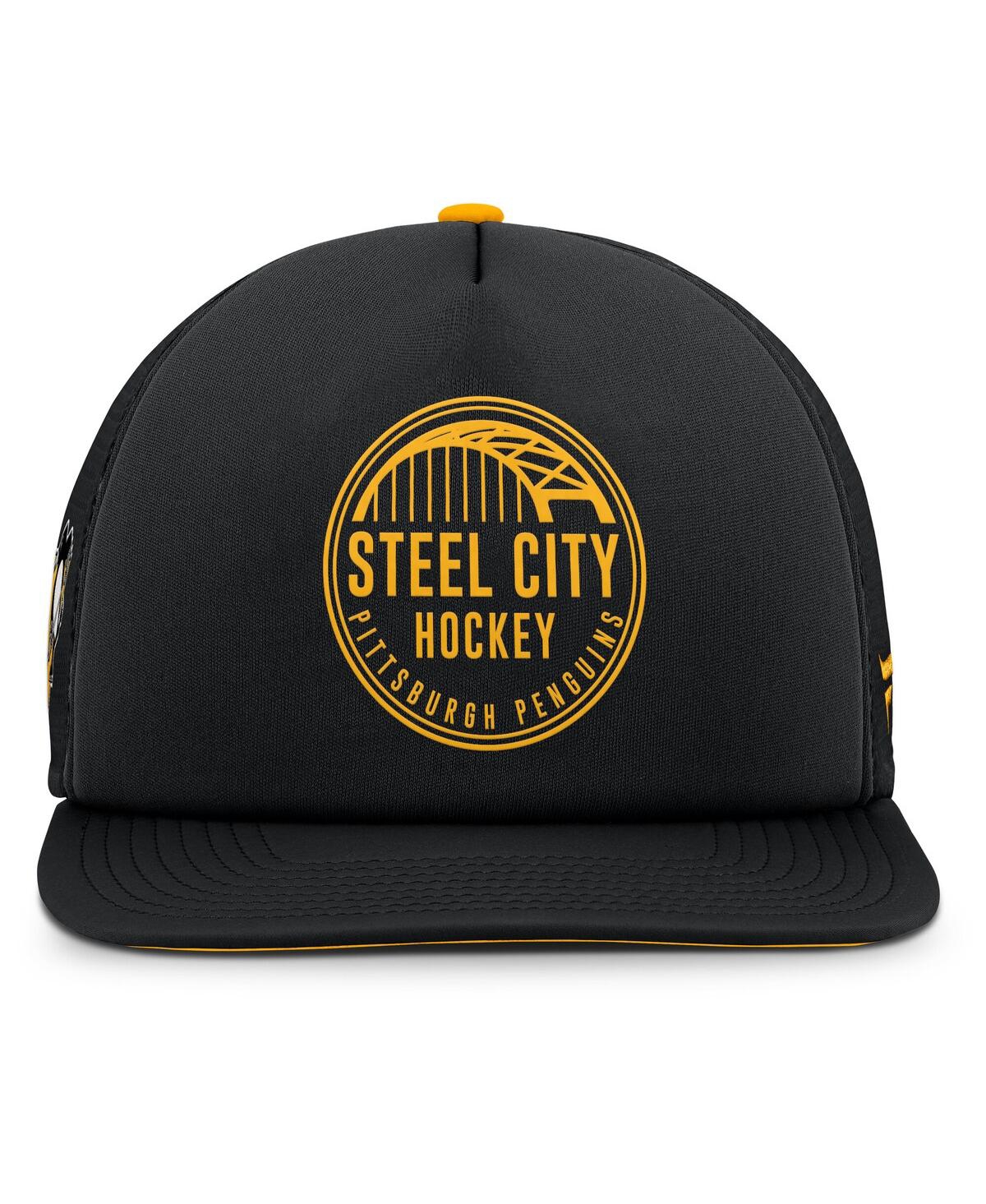 Fanatics Men'sGold Pittsburgh Penguins Authentic Pro Hometown Rink Foam Trucker Snapback Hat - Black, Gold