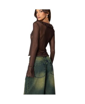 Womens Sheer Mesh Ruffled Top