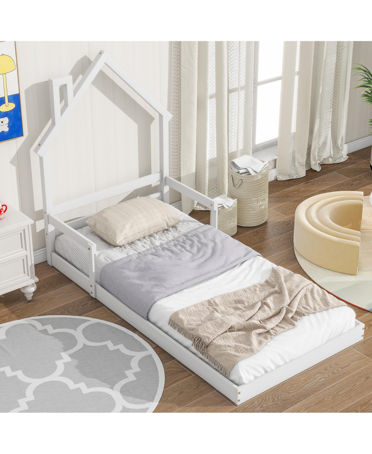 Slickblue Twin House-Shaped Floor Bed with Headboard and Handrails - Stylish and Safe Sleeping Solution for Kids, Includes Slats