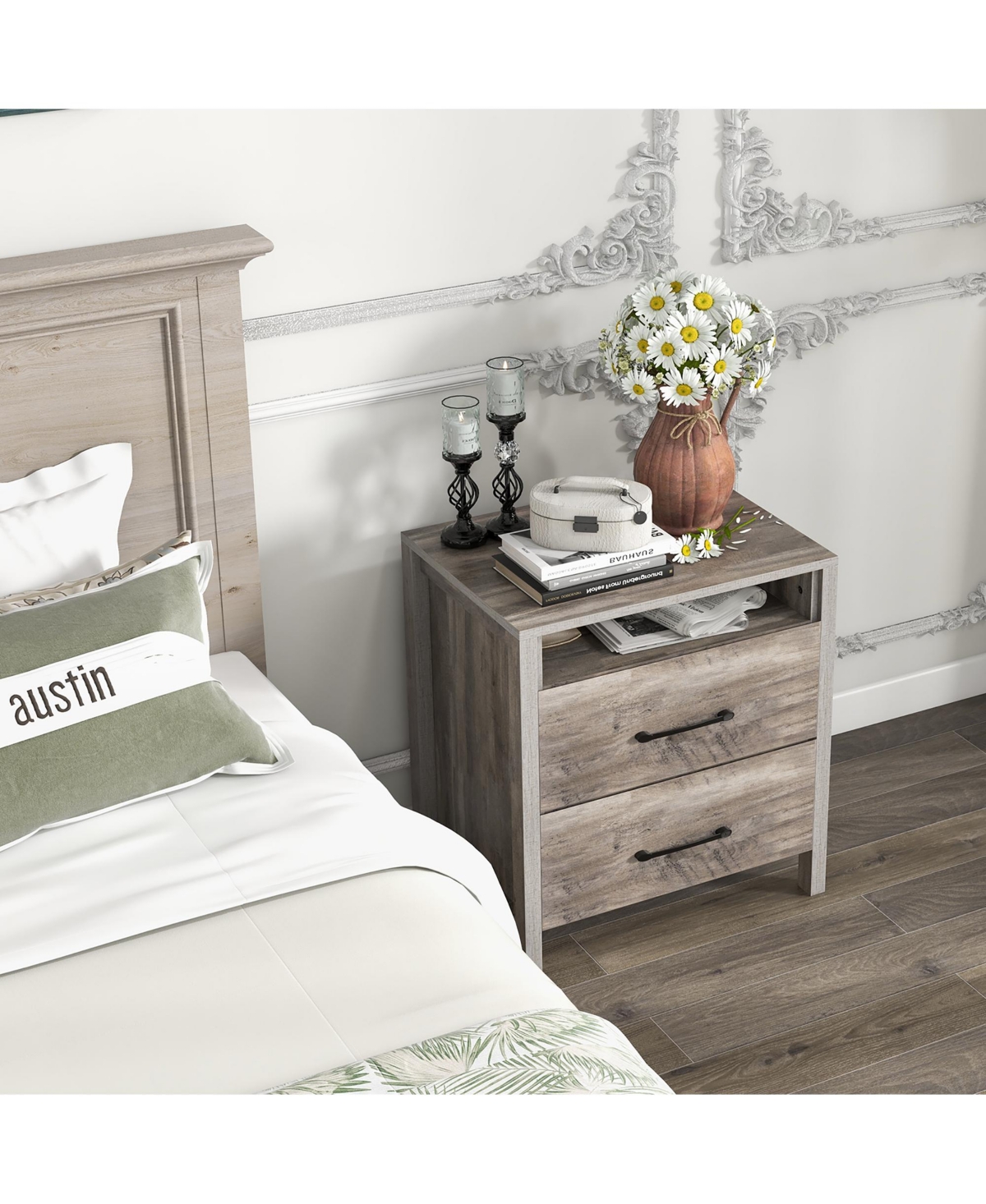 Gymax 2 Pcs Nightstand w/ 2 Drawers Farmhouse Bed Side Table w/ Open Storage Shelf