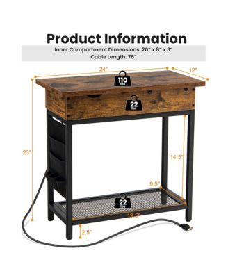 End Table with USB Charging Station, Flip Top, Side Pocket – Industrial Nightstand