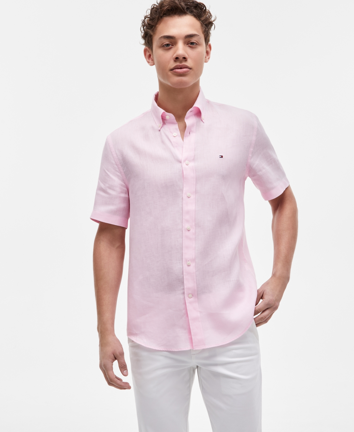 Tommy Hilfiger Men's Short-Sleeve Pigment-Dyed Linen Button-Front Shirt - Classic Pink