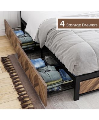 Full Size Rustic Vintage Metal Bed Frame with Headboard, 4 Storage Drawers, Strong Metal Slats for Support