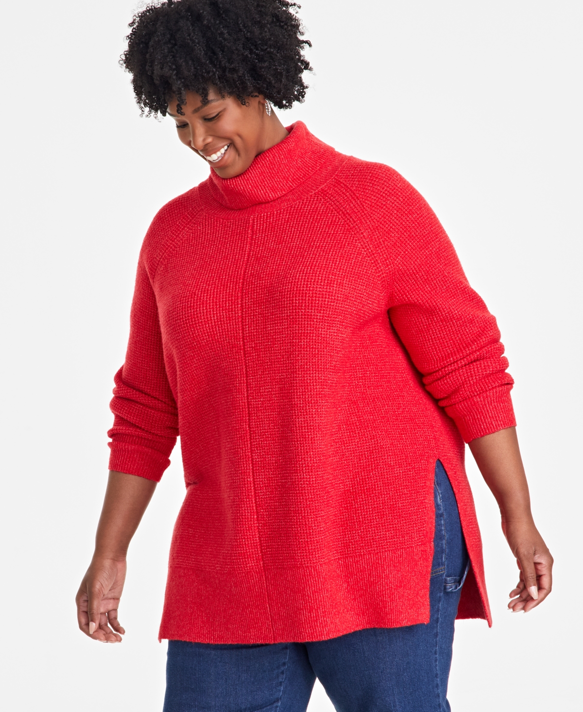 ON 34TH PLUS SIZE TURTLENECK WAFFLE-KNIT TUNIC SWEATER, CREATED FOR MACY'S 