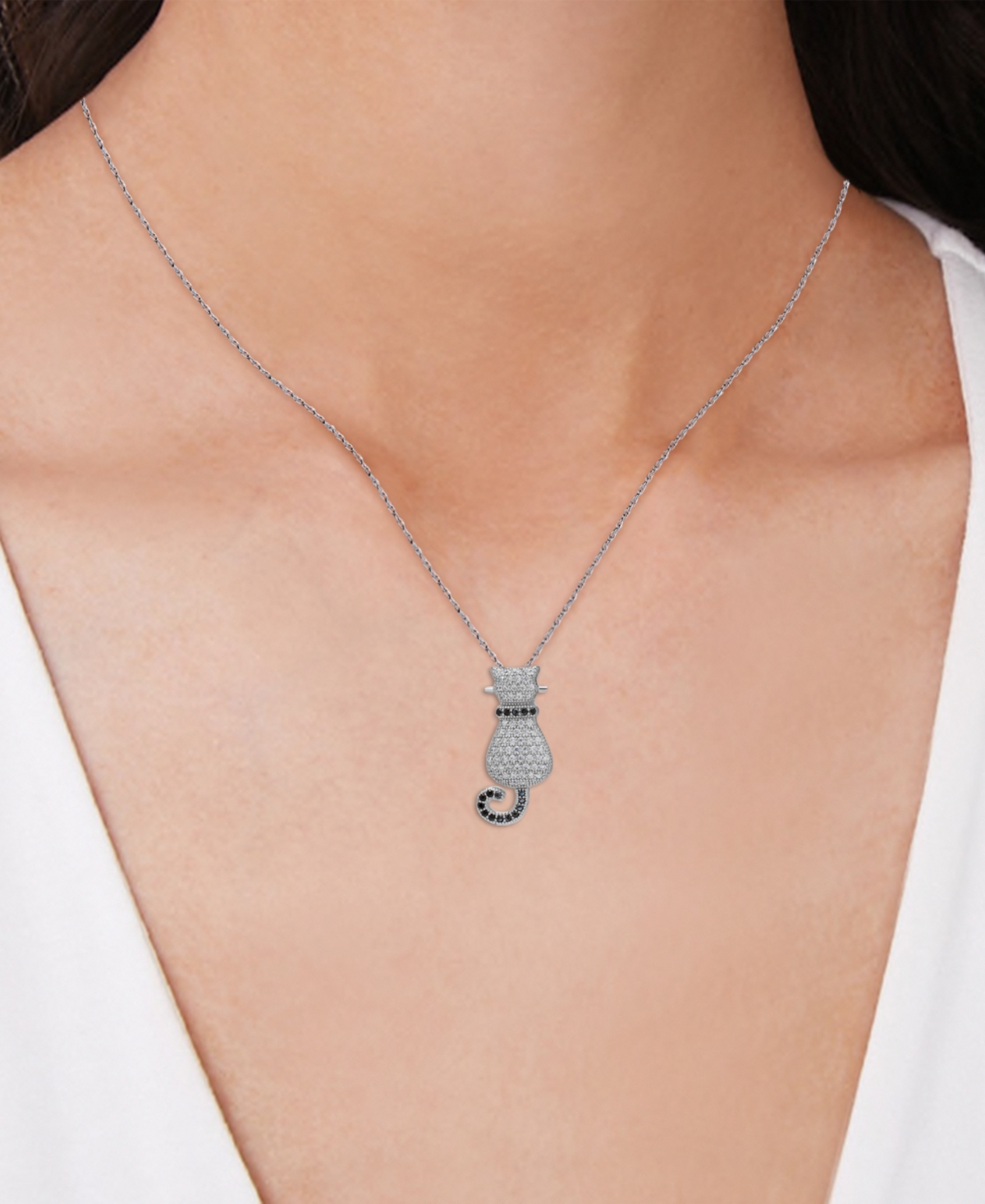 MACY'S BLACK SPINEL (1/8 CT. T.W.) & LAB GROWN WHITE SAPPHIRE (5/8 CT. T.W.) CAT 18" PENDANT NECKLACE IN ST 