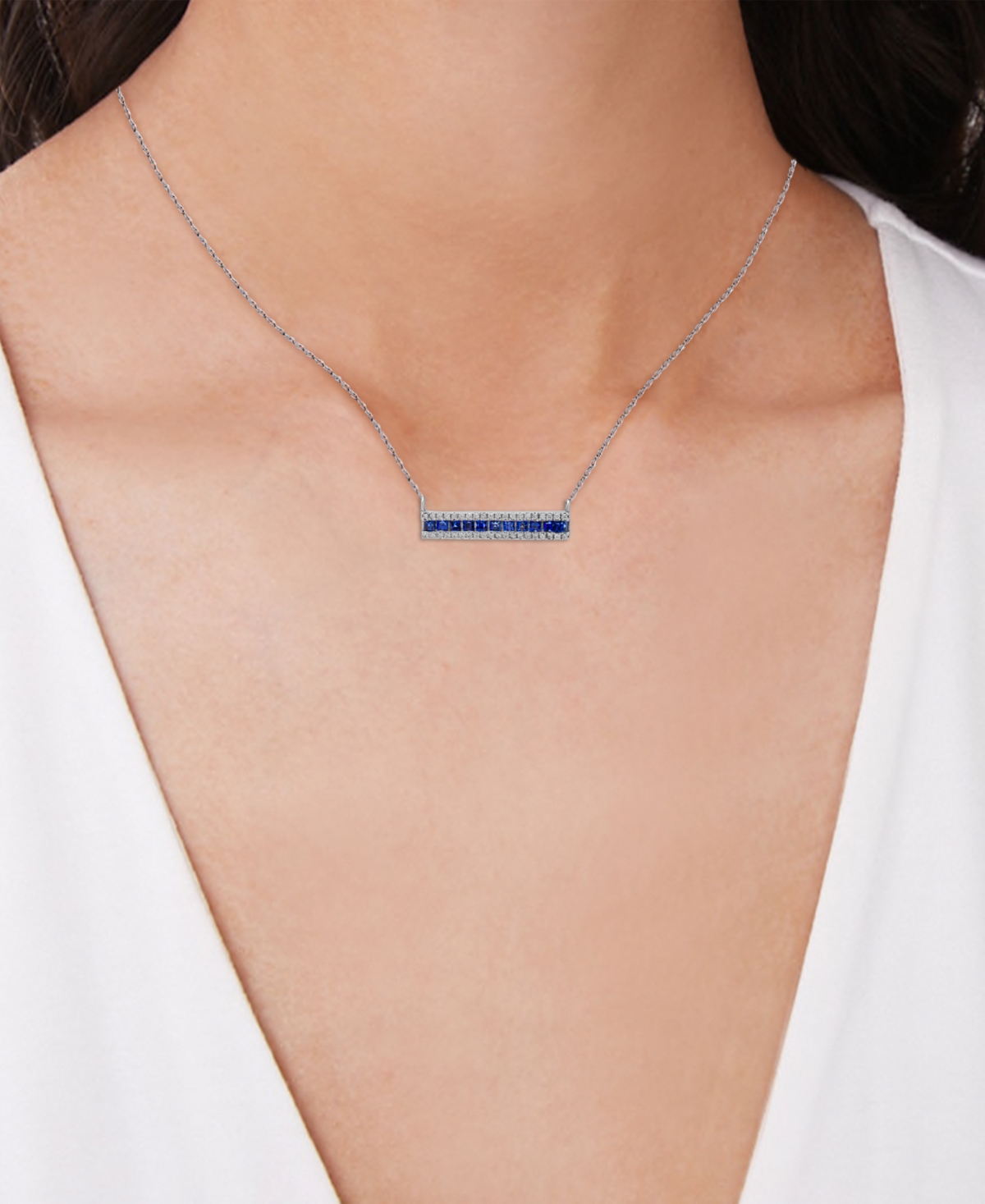 MACY'S BLUE SPINEL (5/8 CT. T.W.) & LAB GROWN WHITE SAPPHIRE (3/8 CT. T.W.) BAR 18" PENDANT NECKLACE IN STE 