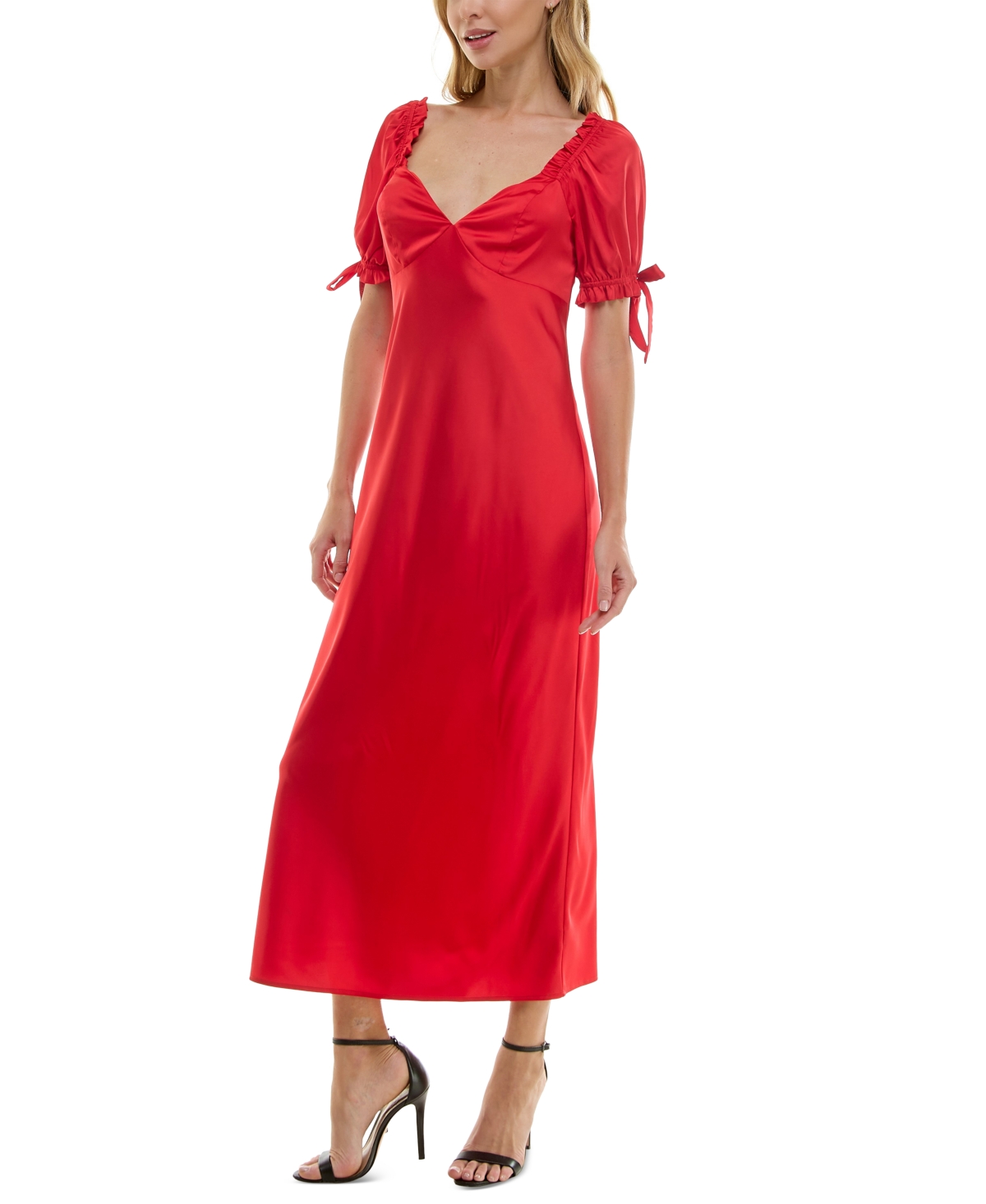 Crystal Doll Juniors' V-neck Puff-sleeve Midi Dress In Red