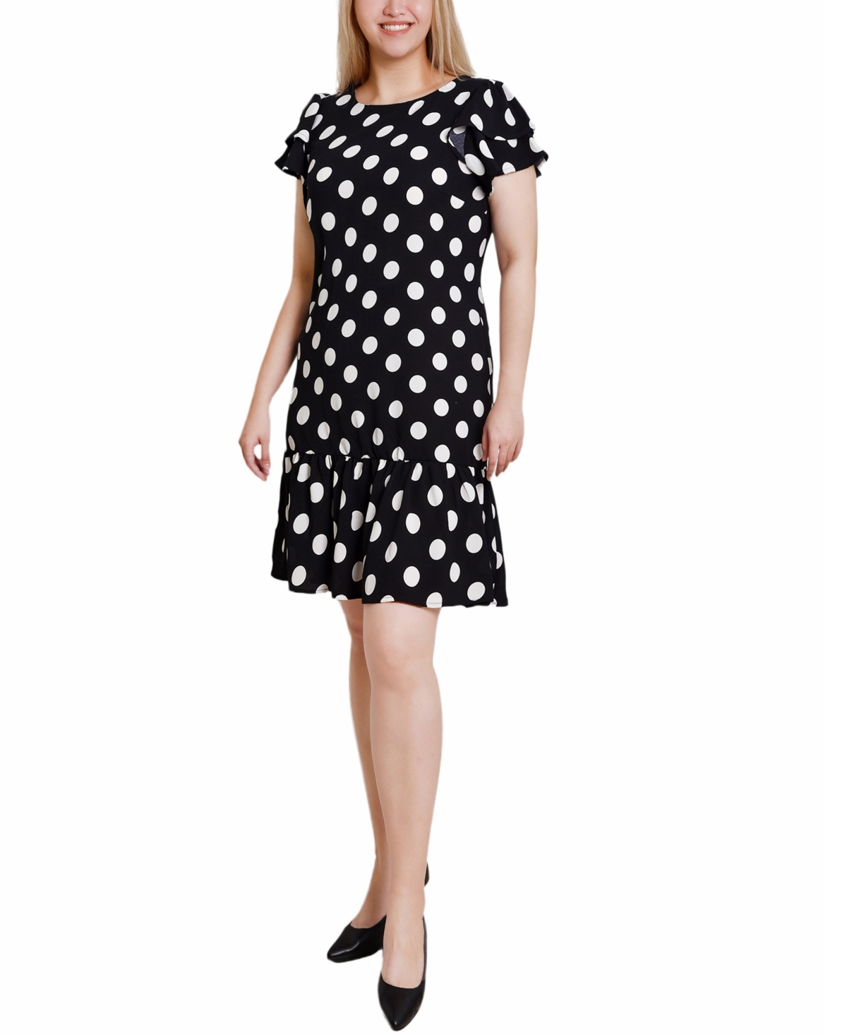 Ny Collection Women's Double Layer Flutter Sleeve Dress In Black White Big Dot
