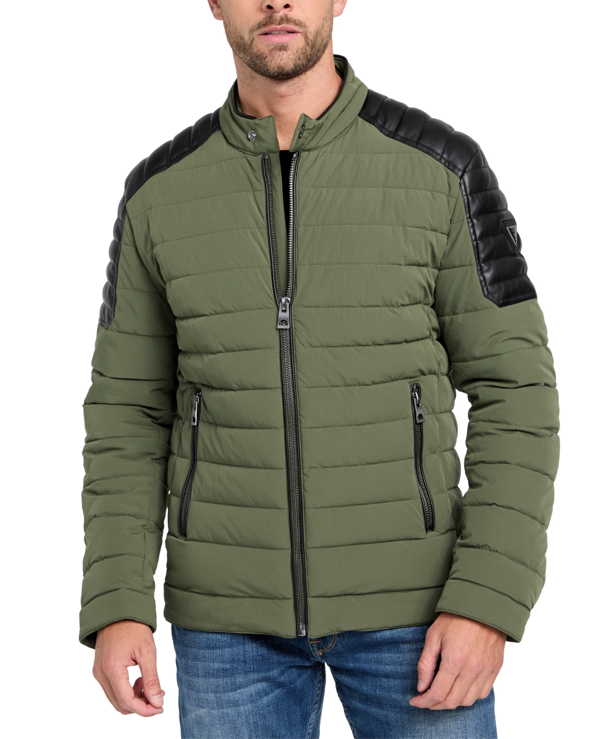 Guess Men's Lightweight Quilted Jacket With Moto Detail In Olive Morning