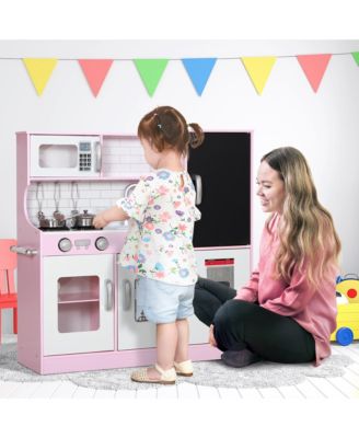 Play Kitchen, Kids Kitchen Playset w/ Play Phone & Chalkboard,