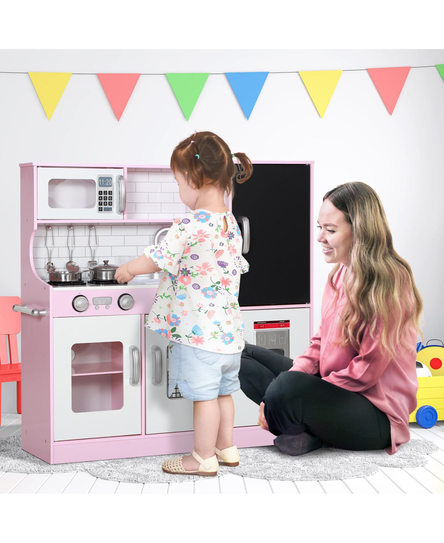 Детские игрушки Qaba Chalkboard Toy Phone Play Kitchen with 5-Piece Accessory Set, Ages 3+, цвет: Розовый — фото 2