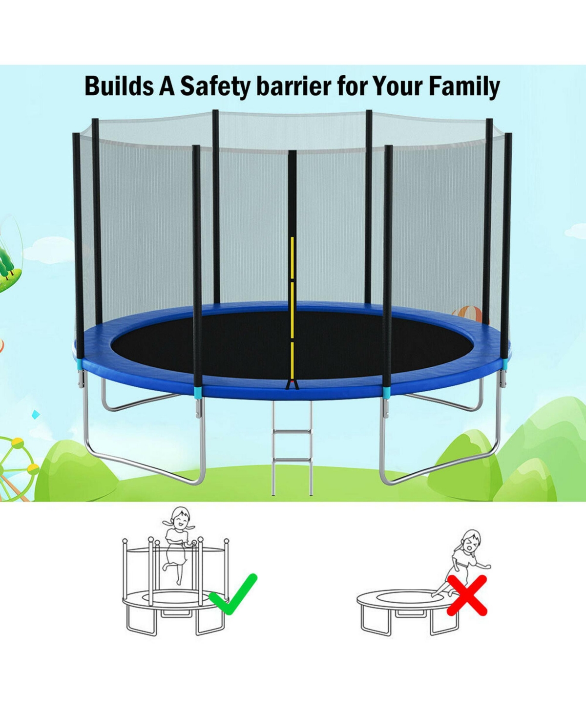 Gymax 14FT Replacement Trampoline Safety Enclosure Net w/ Zipper & Buckle for 8 Poles