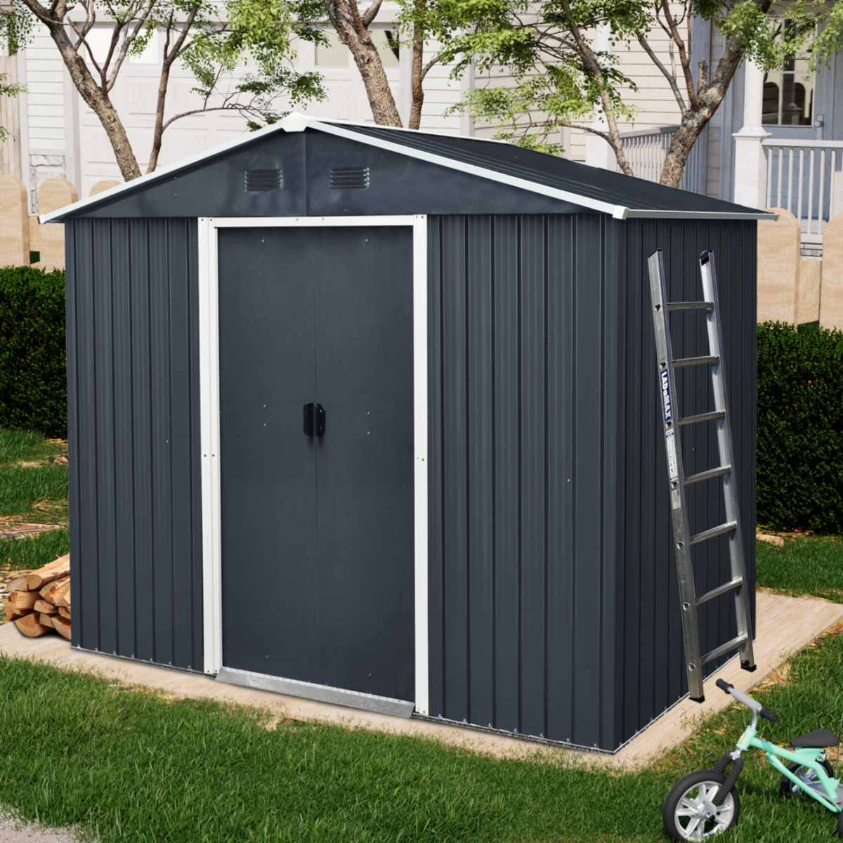 8ft x 4ft Outdoor Metal Storage Shed with Sliding Door and foundation for Backyard, Patio, Lawn (Black and White) - Black white
