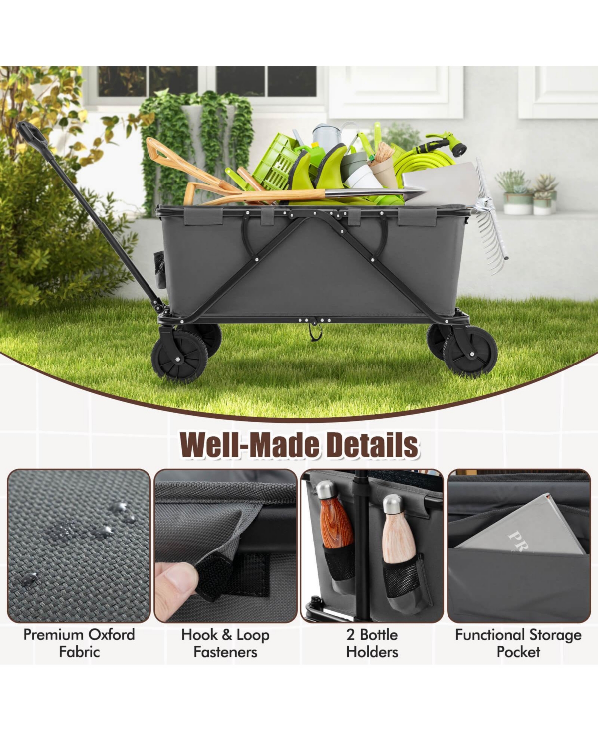 Costway Heavy-Duty Wagon Cart with Adjustable Handlebar Bottle Holders & Storage Pocket