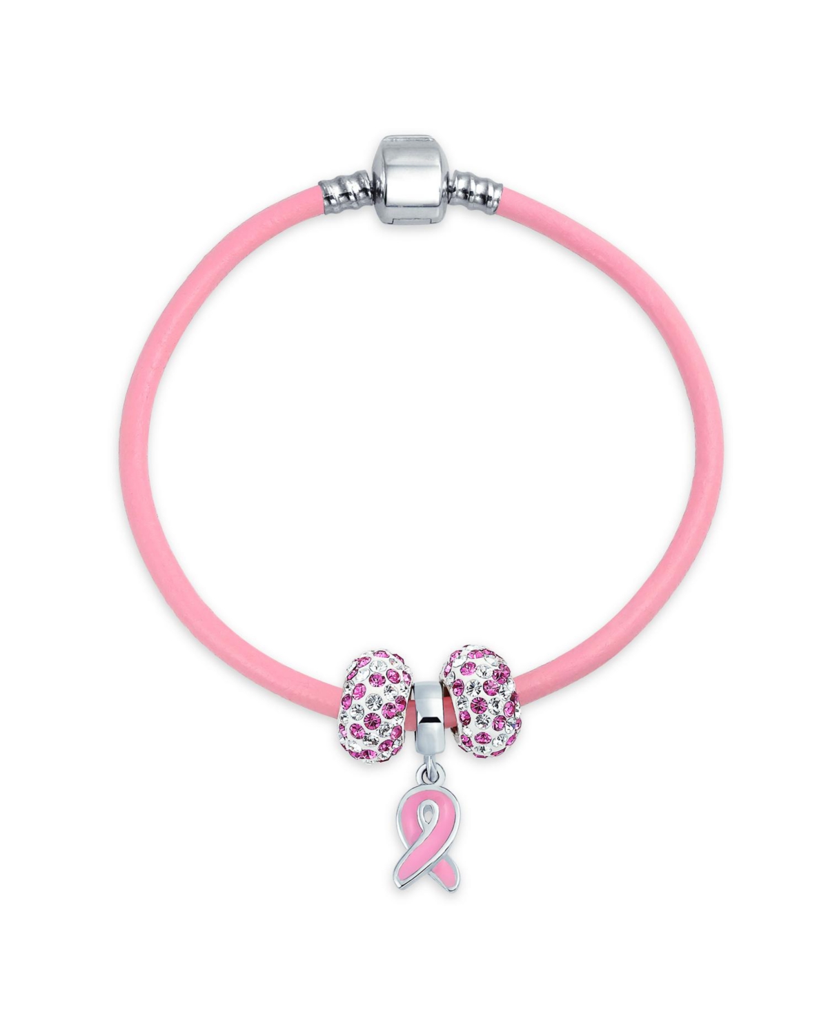 Bling Jewelry Support Breast Cancer Survivor Pink Ribbon Bead Charm Leather Bracelet .925 Silver