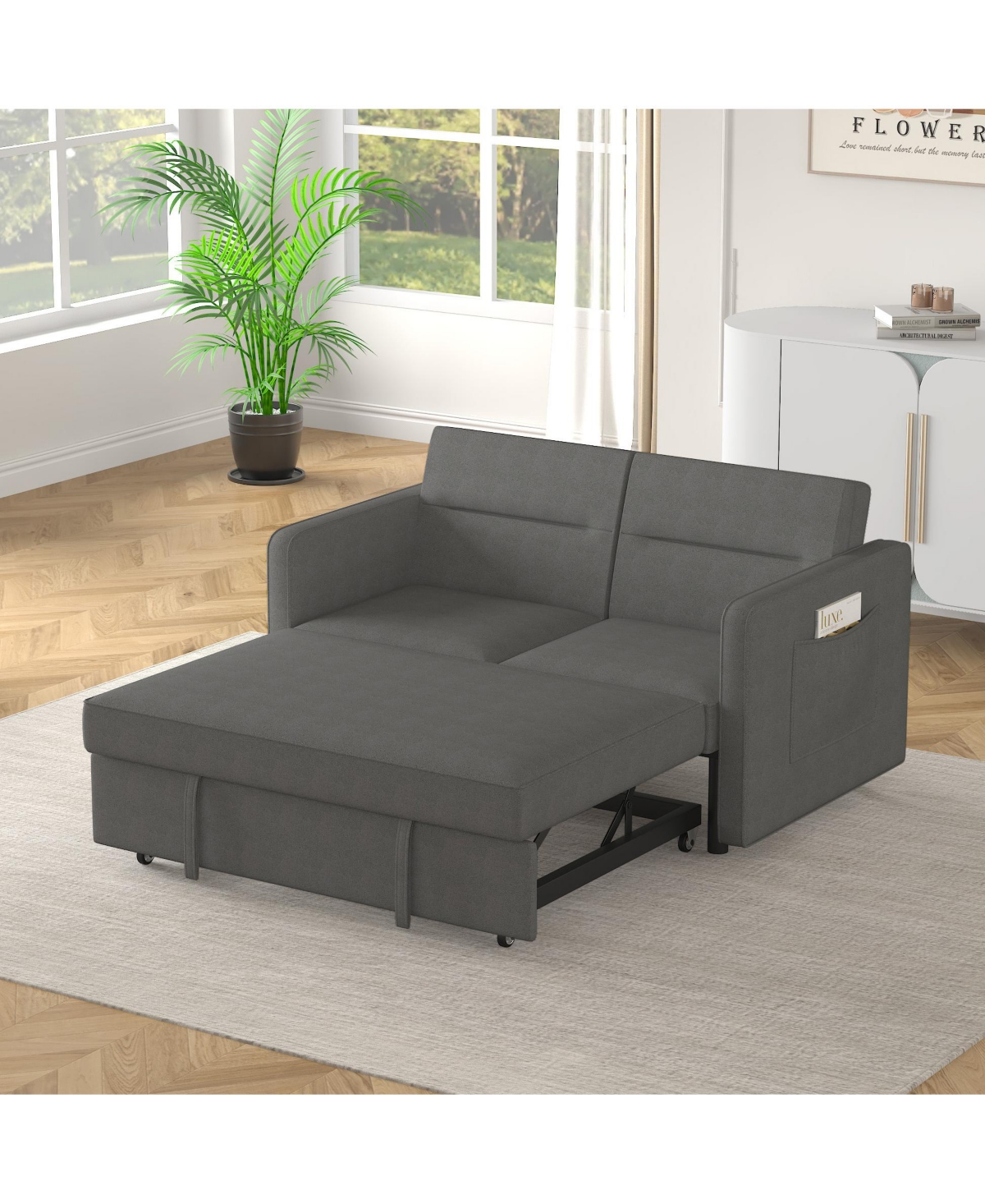 Streamdale Furniture Loveseats Sofa Bed with Pull-out Bed,Adjsutable Back and Two Arm Pocket-Dark grey(54.5