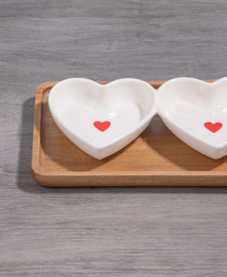 Thirstystone Three Heart Condiment Dish on Wooden Tray, Set of 4