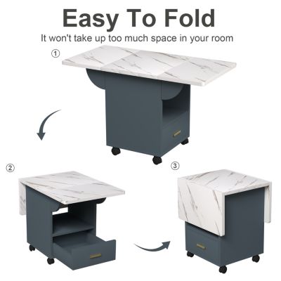 Folding Dining Table with Wheels, Storage, and Drawers