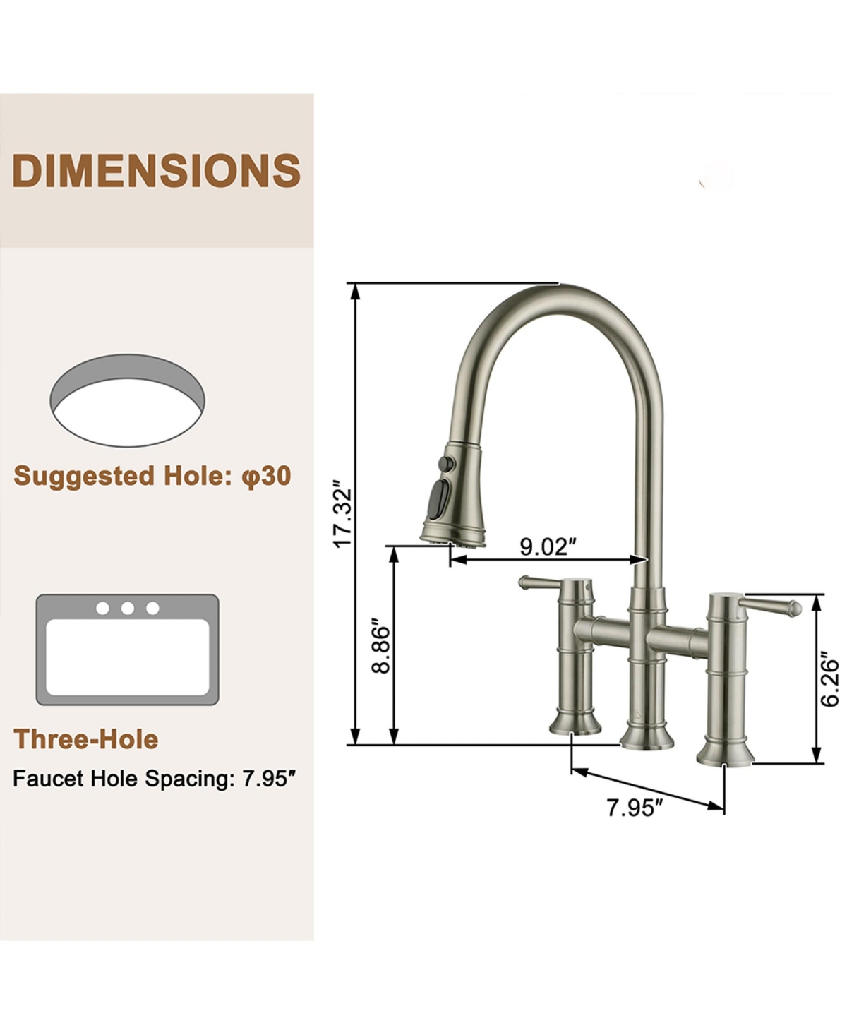 Mondawe 3-Hole Pull-Down Sprayer Kitchen Faucet with 3 Modes Bridge Faucet