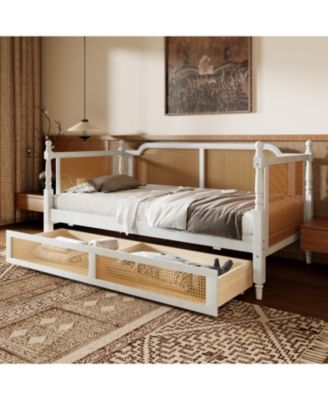 Traditional Style Rattan Twin Size Daybed with 2 Drawers for Limited Space, Guest Room, No Box Spring Needed