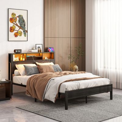 Streamdale Full Size Storage Bed Frame with Charging Station & Bookcase