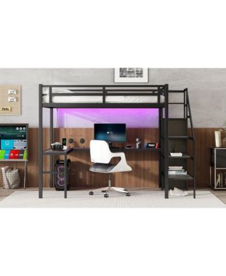 Streamdale Full XL Loft Bed with L-Shaped Desk, Wardrobe, and LED