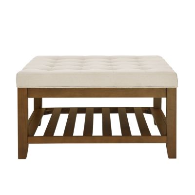Tufted Linen Ottoman with Wood Shelf and Frame