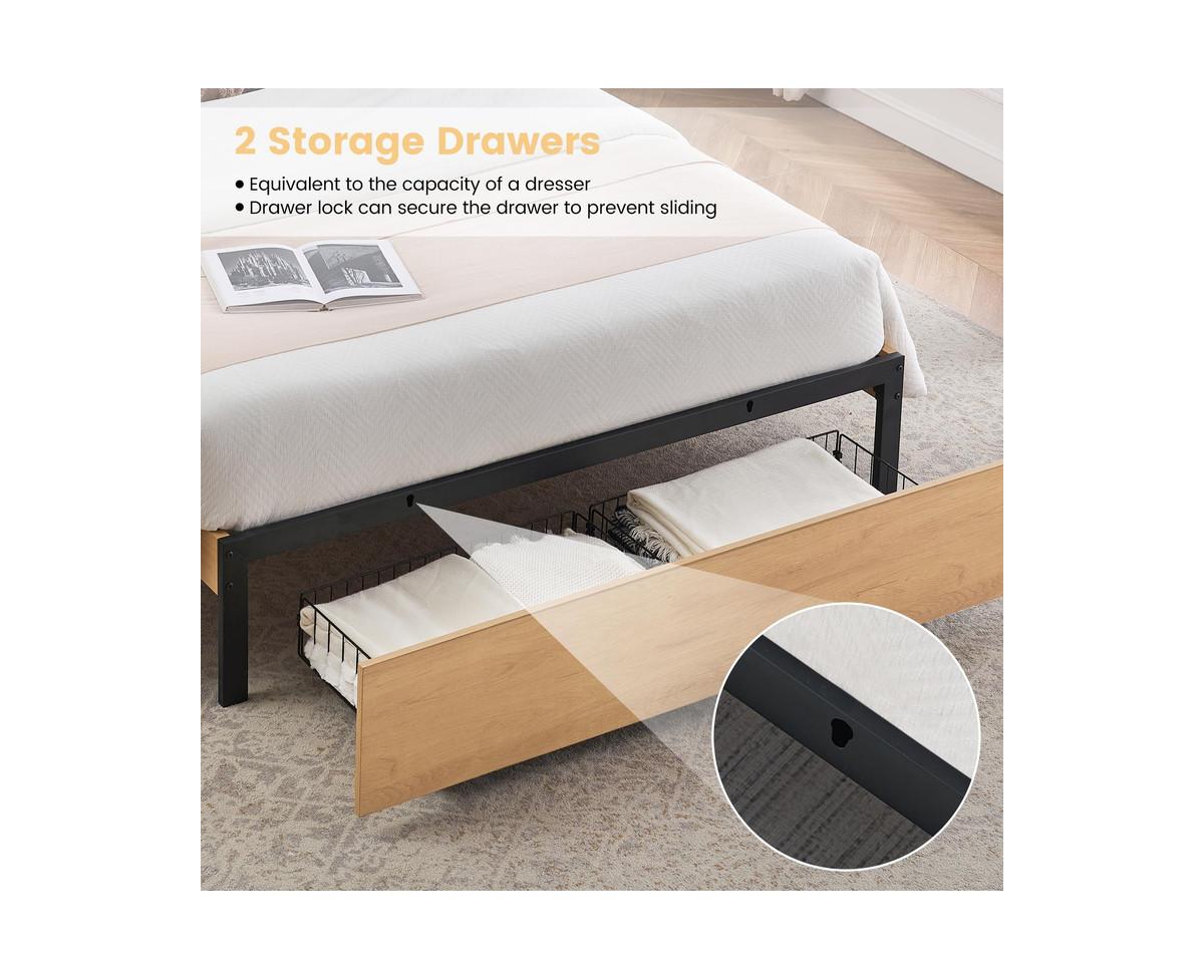 gaomon Rattan Size Bed Frame with Natural Rattan Headboard and Storage Drawers, Bed Frame with Led Strips and Strong Woode Slats Support, Be