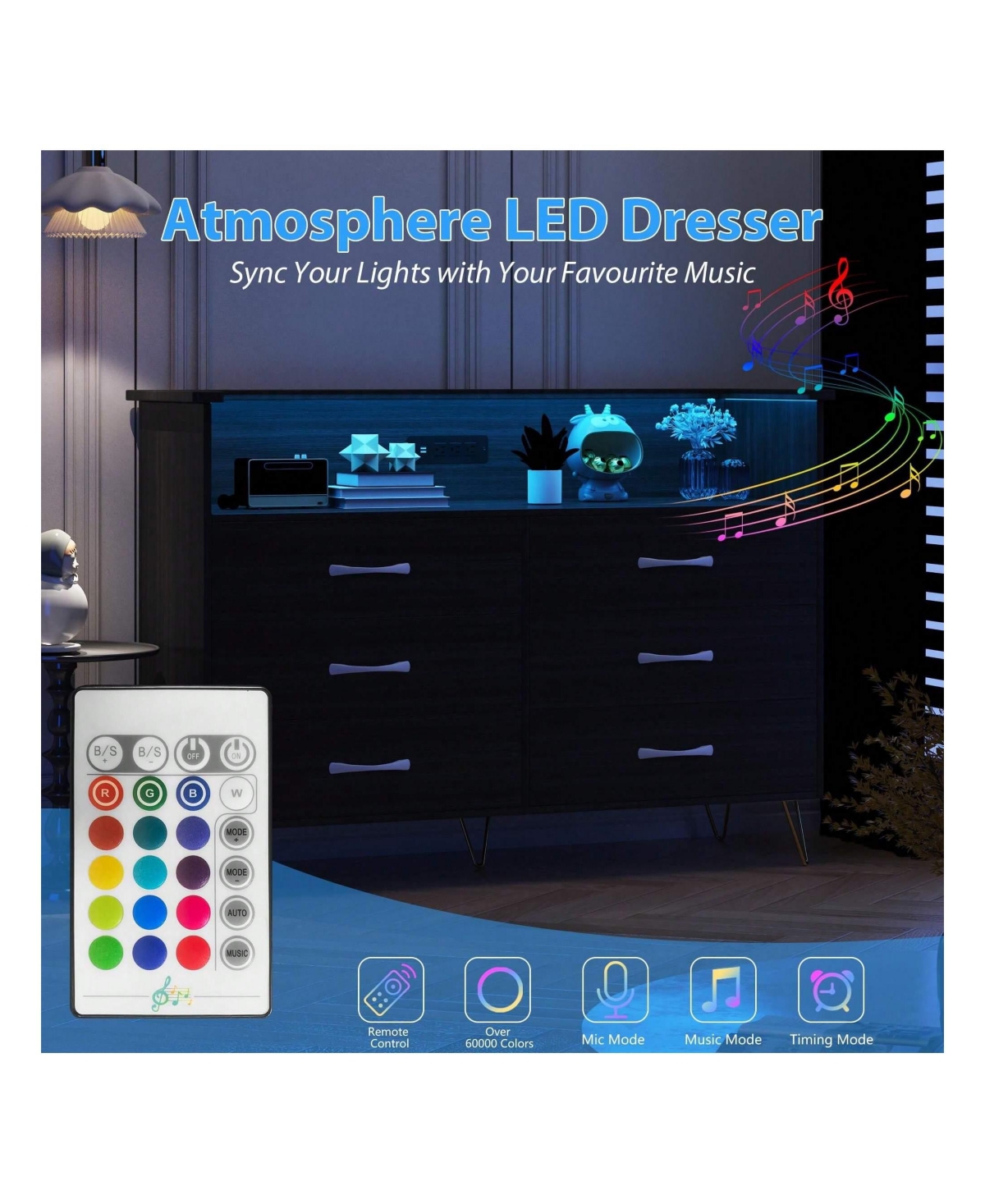 gaomon Dresser For Bedroom With Led Light & Charging Station, 6 Wooden Drawers Dressers With 2-Tier Open Shelves, Modern Chest Of Double Wide Drawers