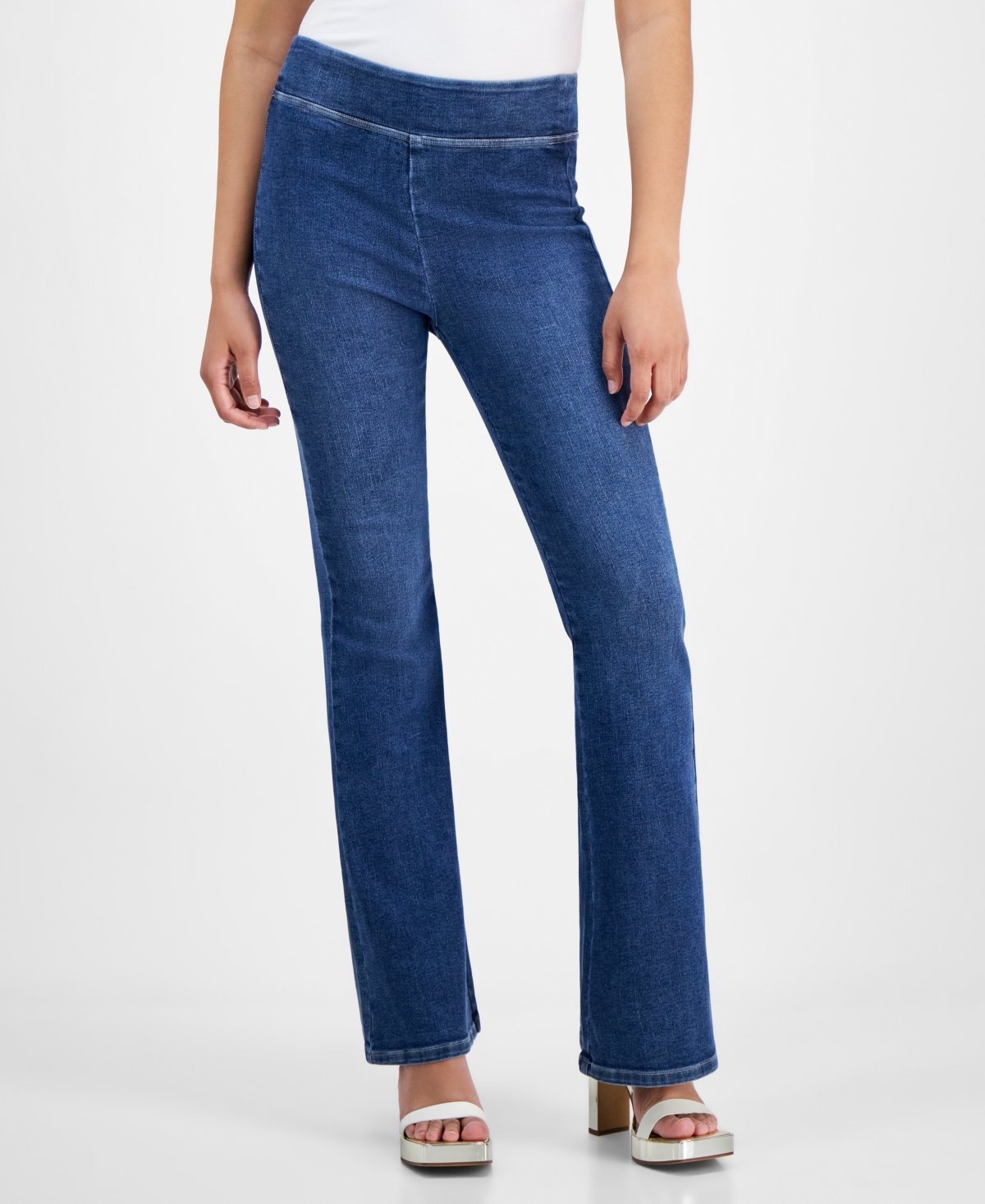 DKNY JEANS PETITE FLARED-LEG HIGH RISE PULL-ON JEANS 