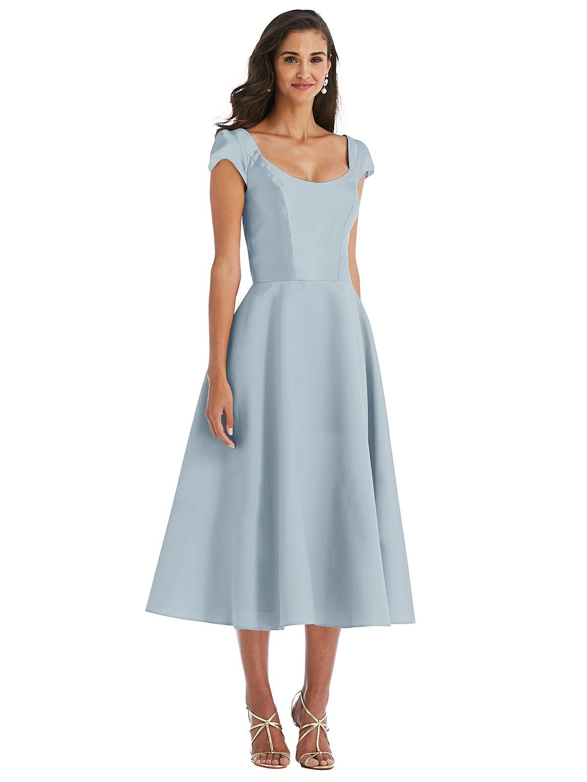 Women's Puff Cap Sleeve Full Skirt Satin Midi Dress - Mist