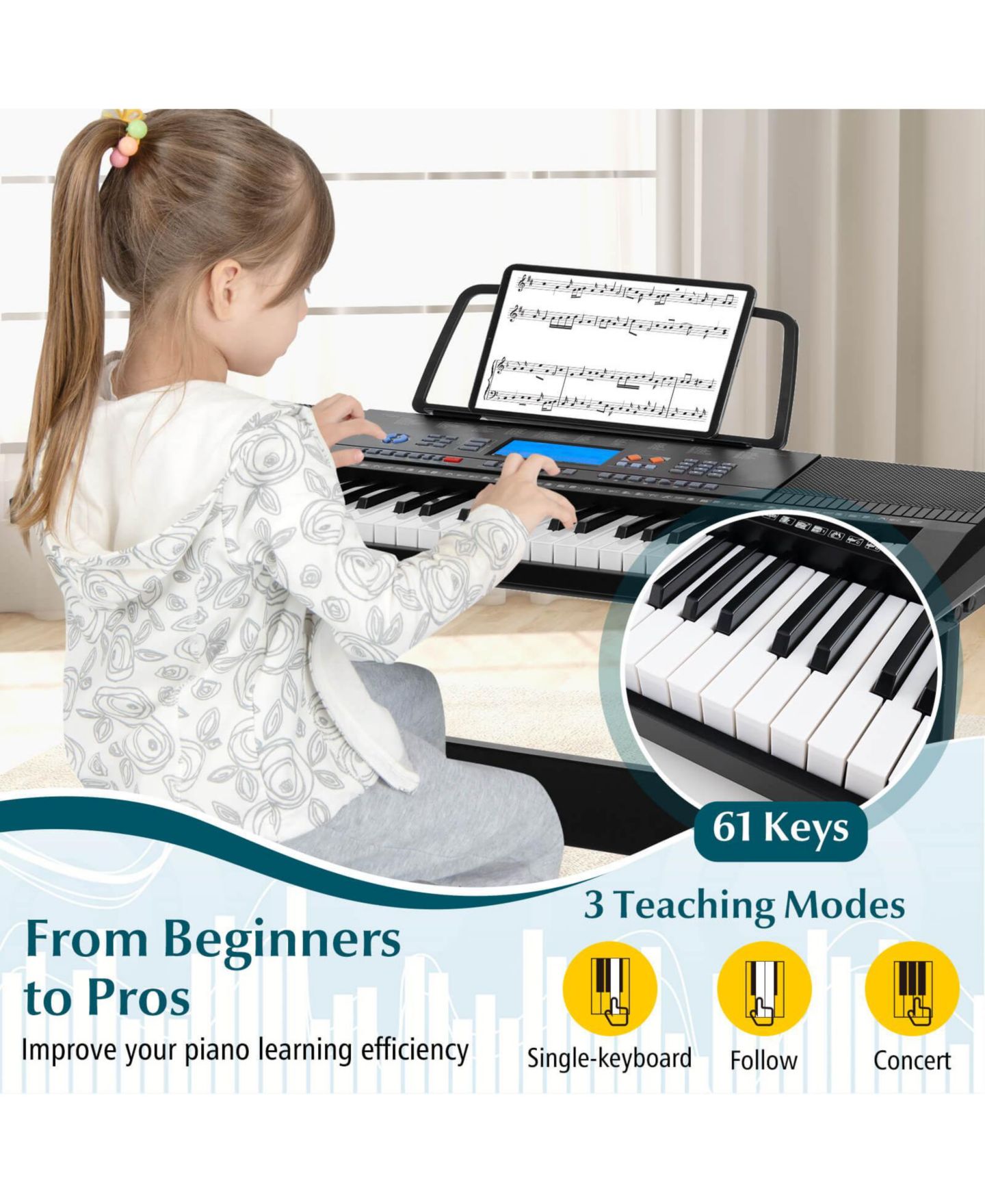 Детские игрушки Costway Sonart 61-Key Electronic Keyboard Piano Music Learning 8-Piece Set, Ages 5+ — фото 4