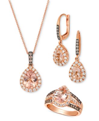 Peach Morganite Nude Diamond Chocolate Diamond Ring Earrings Necklace