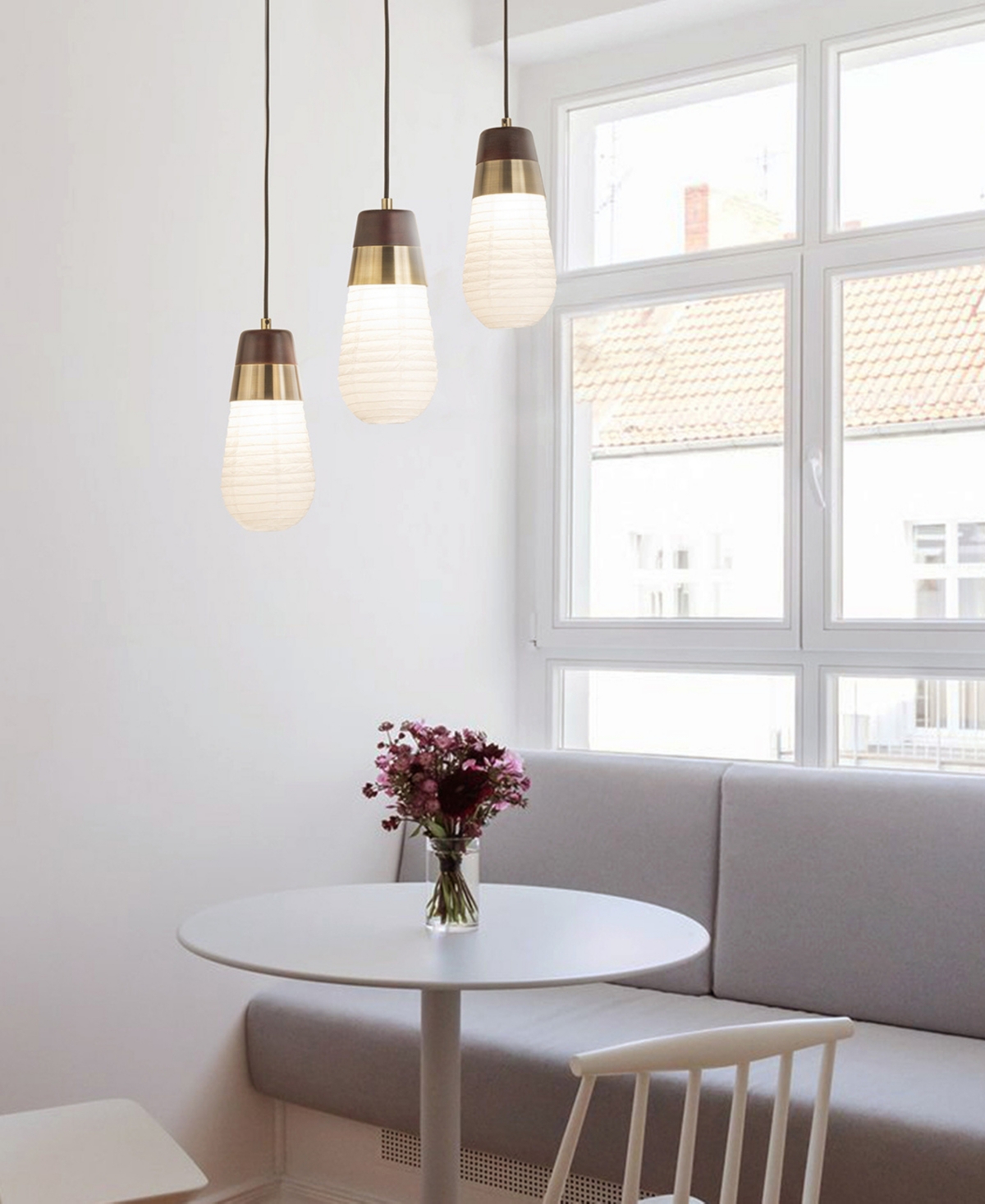 Nova of California Sunset 3 Light Pendant Light - Weathered Brass and Walnut