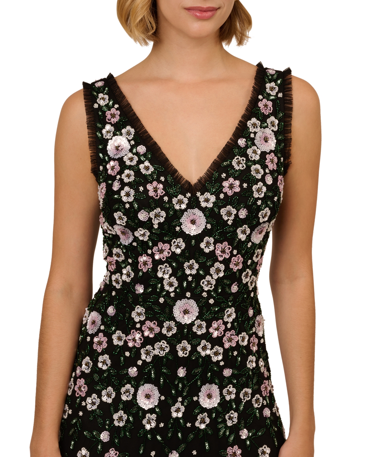 Adrianna Papell Beaded Floral Mesh A-line Gown In Black Multi