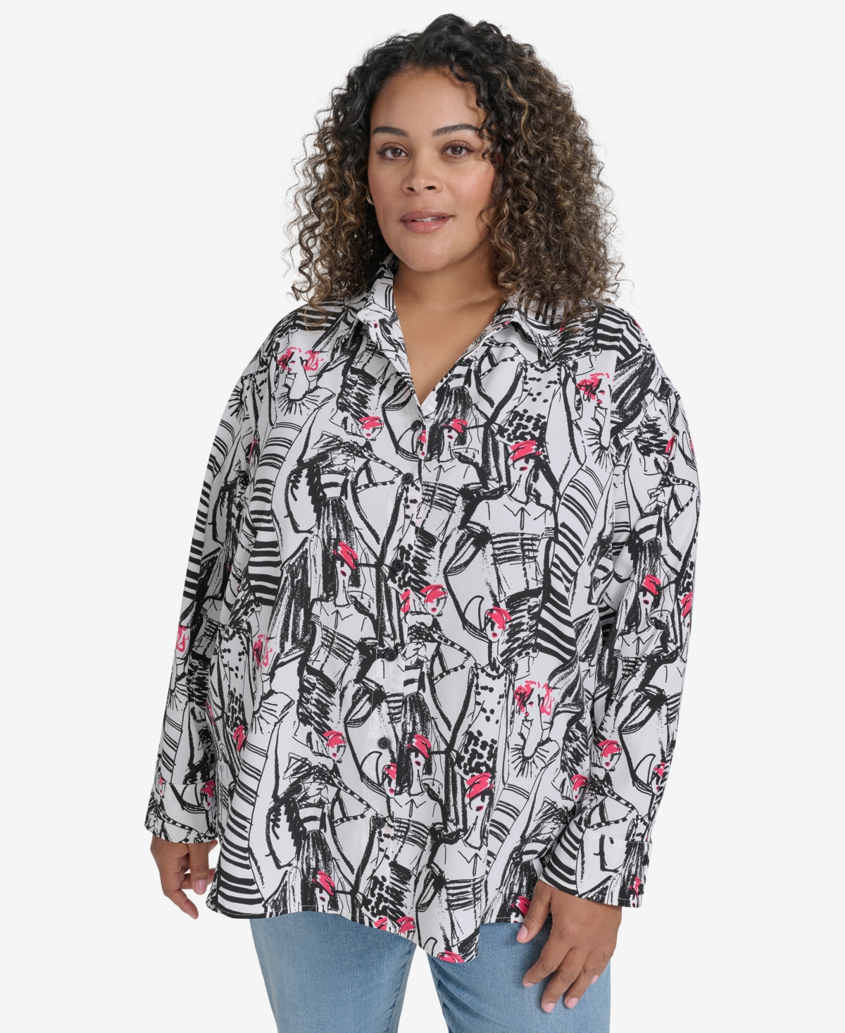 KARL LAGERFELD PLUS SIZE PRINTED COLLARED BUTTON-FRONT SHIRT, EXCLUSIVELY AT MACY'S 