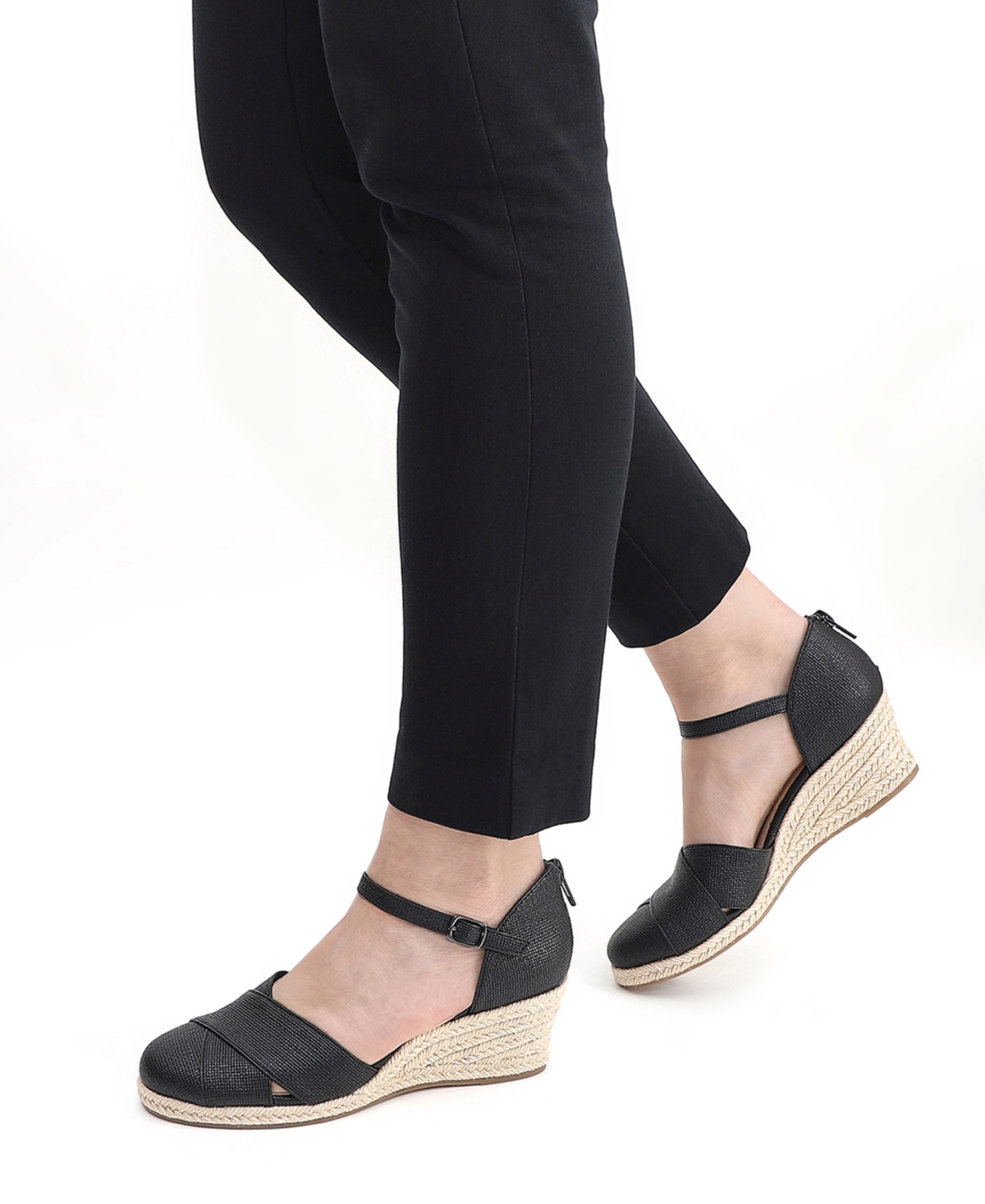 Easy Street Women's Coast Espadrille Wedge Sandals In Black Linen Embossed