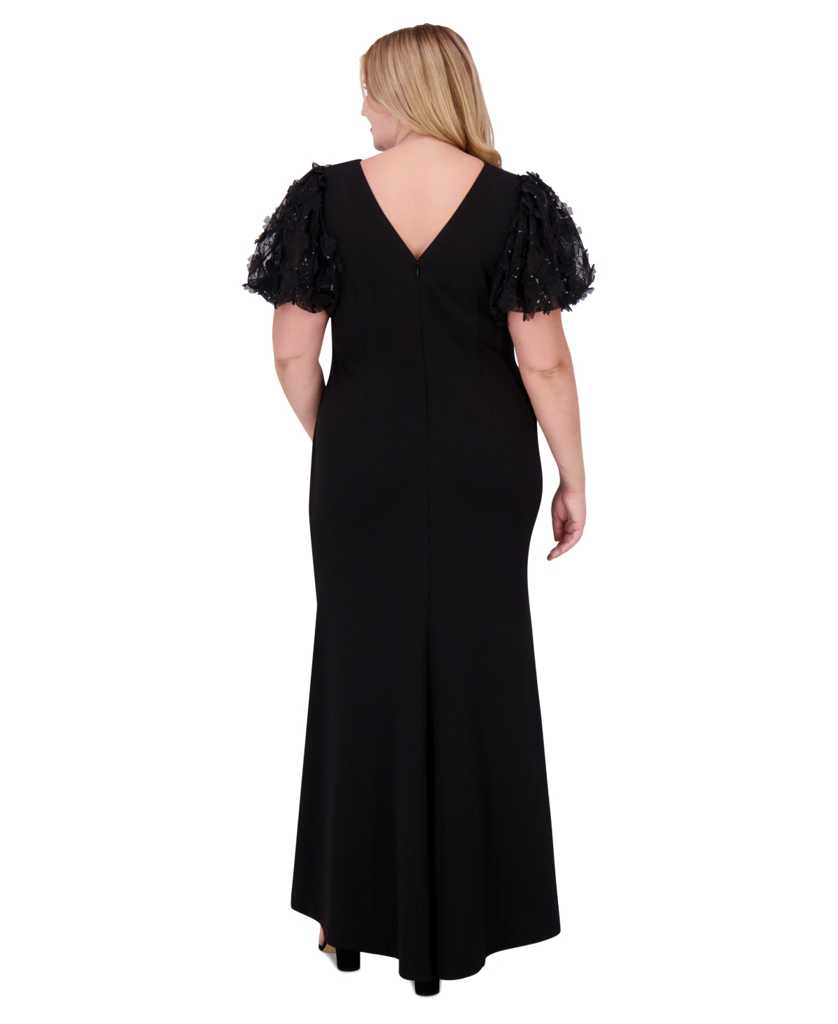Eliza J Plus Size Floral-Short-Sleeve Boat-Neck Pleated Gown