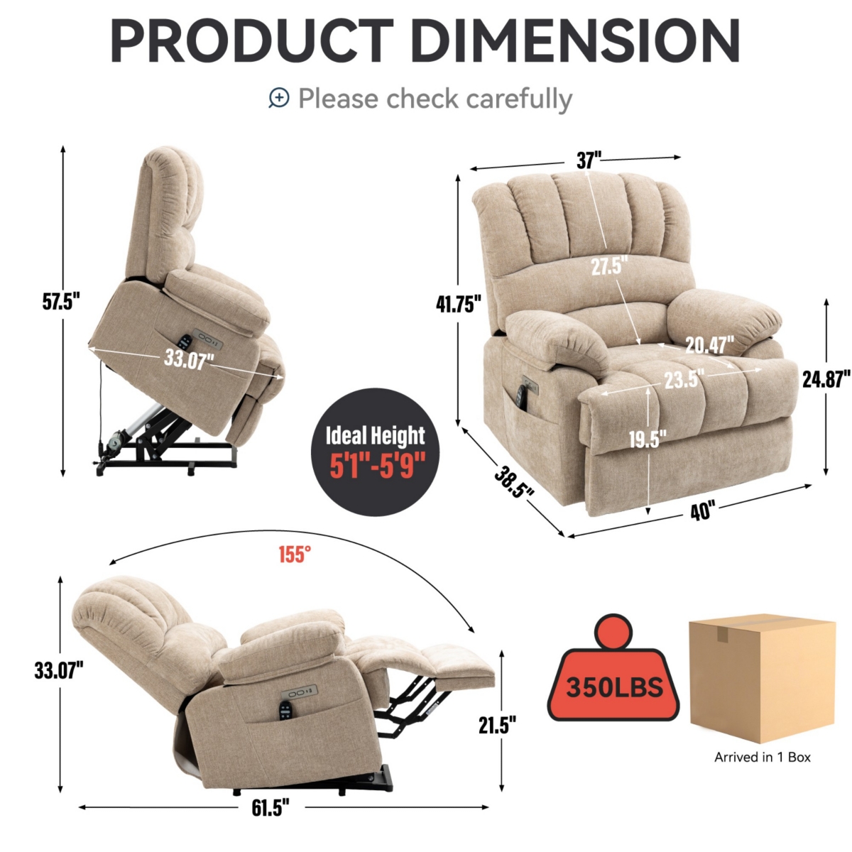 Boyel Living Seat Width and High Back Large Size Chenille Power Lift Recliner Chair with 8-Point Vibration Massage and Lumbar Heating