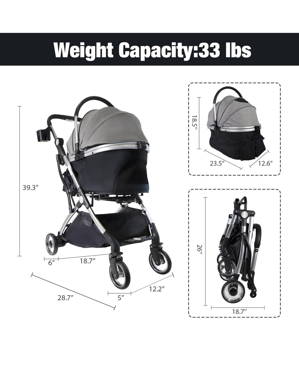 Slickblue Gray Foldable Pet Stroller with Telescopic Handle and 33 lbs Capacity - 3 in 1 Design - Grey  Black