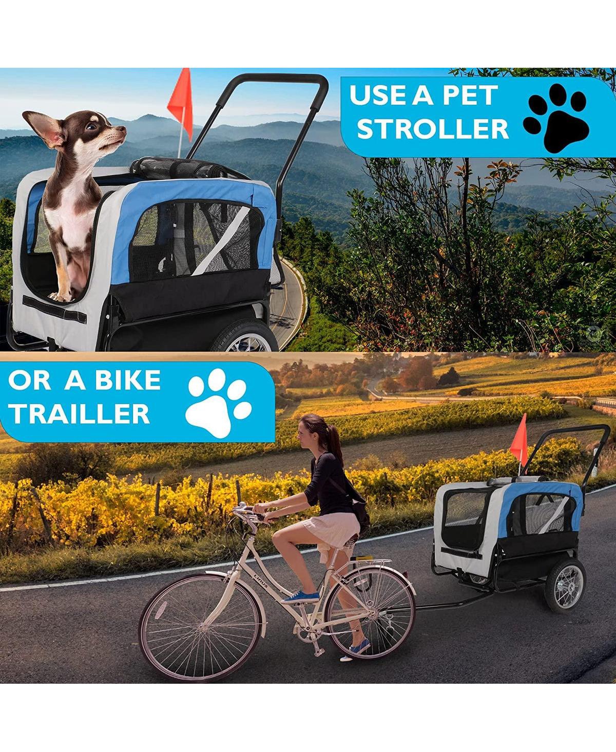 SlickblueDog Bike Trailer Cart - 2 in 1 Pet Stroller with Reflectors and Protective Net - Blue