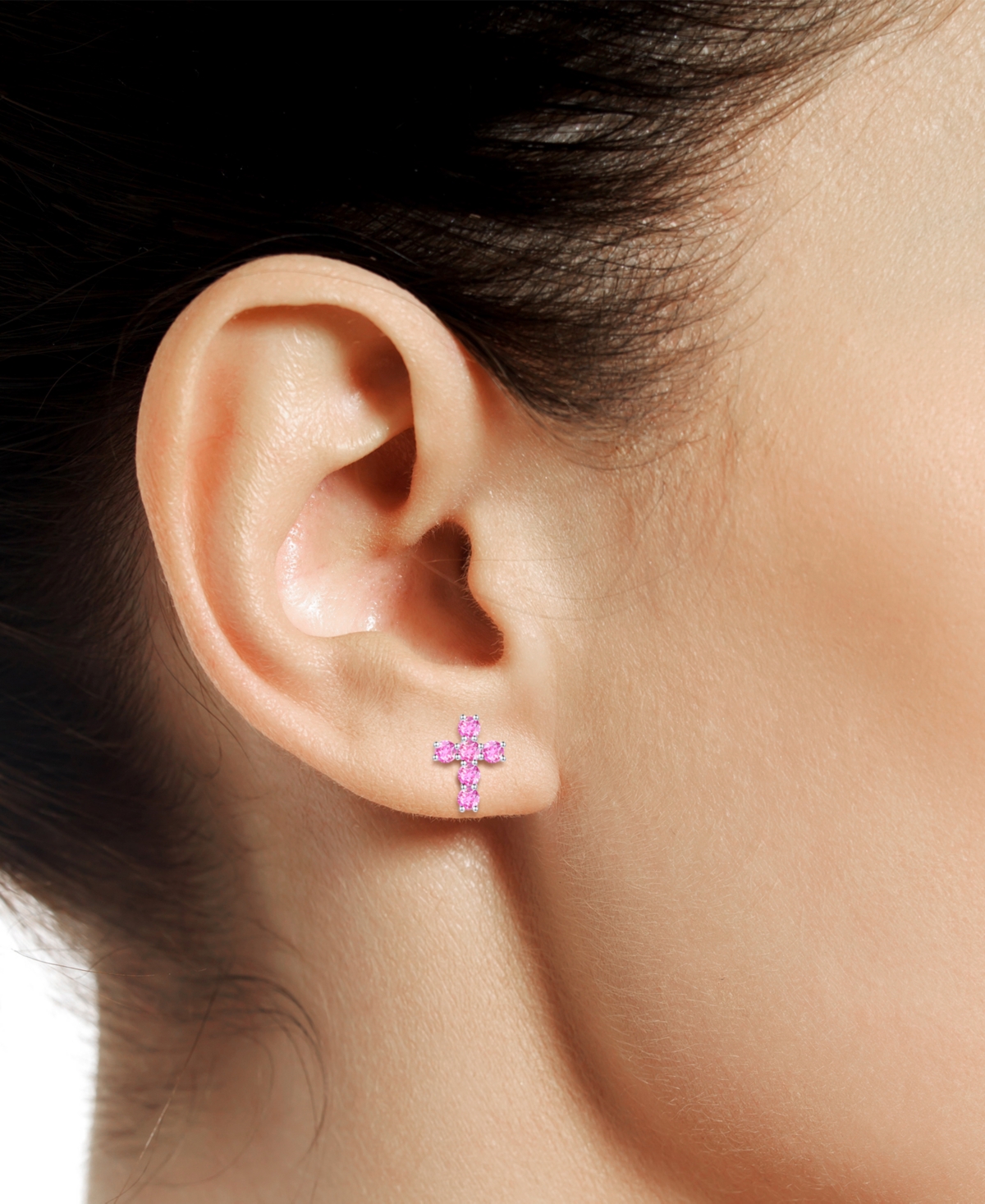 Macy's Lab Grown Sapphire Cross Stud Earrings (1 Ct. T.w.) In 10k White Gold (also In Lab Grow Ruby, Lab Gr In Pink Sapphire